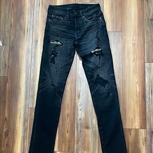 Men’s American Eagle Slim Cut Black Distressed Bandana Patch Jeans Size 28/32